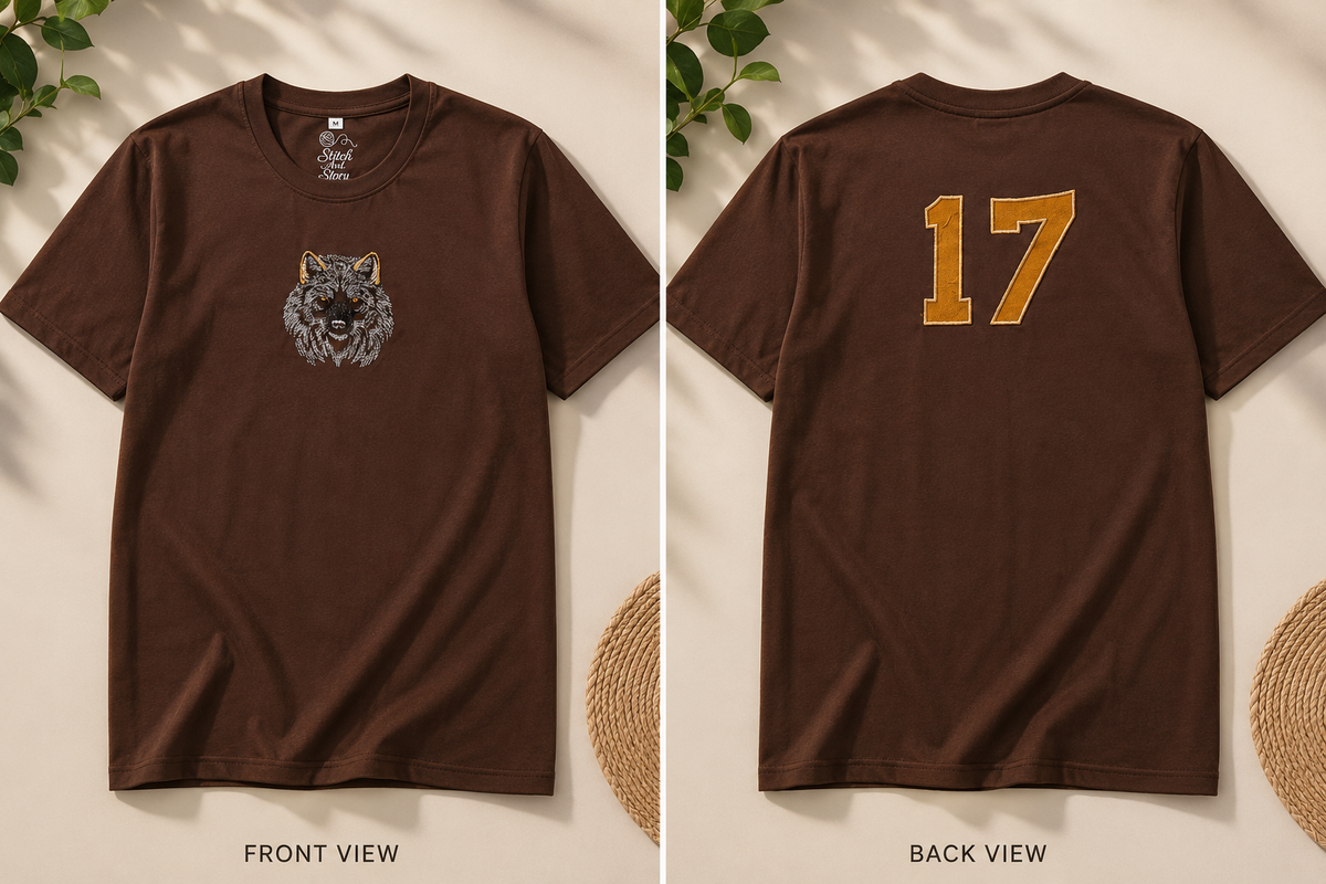 Wolf face embroidered tshirt and back side number embroidered