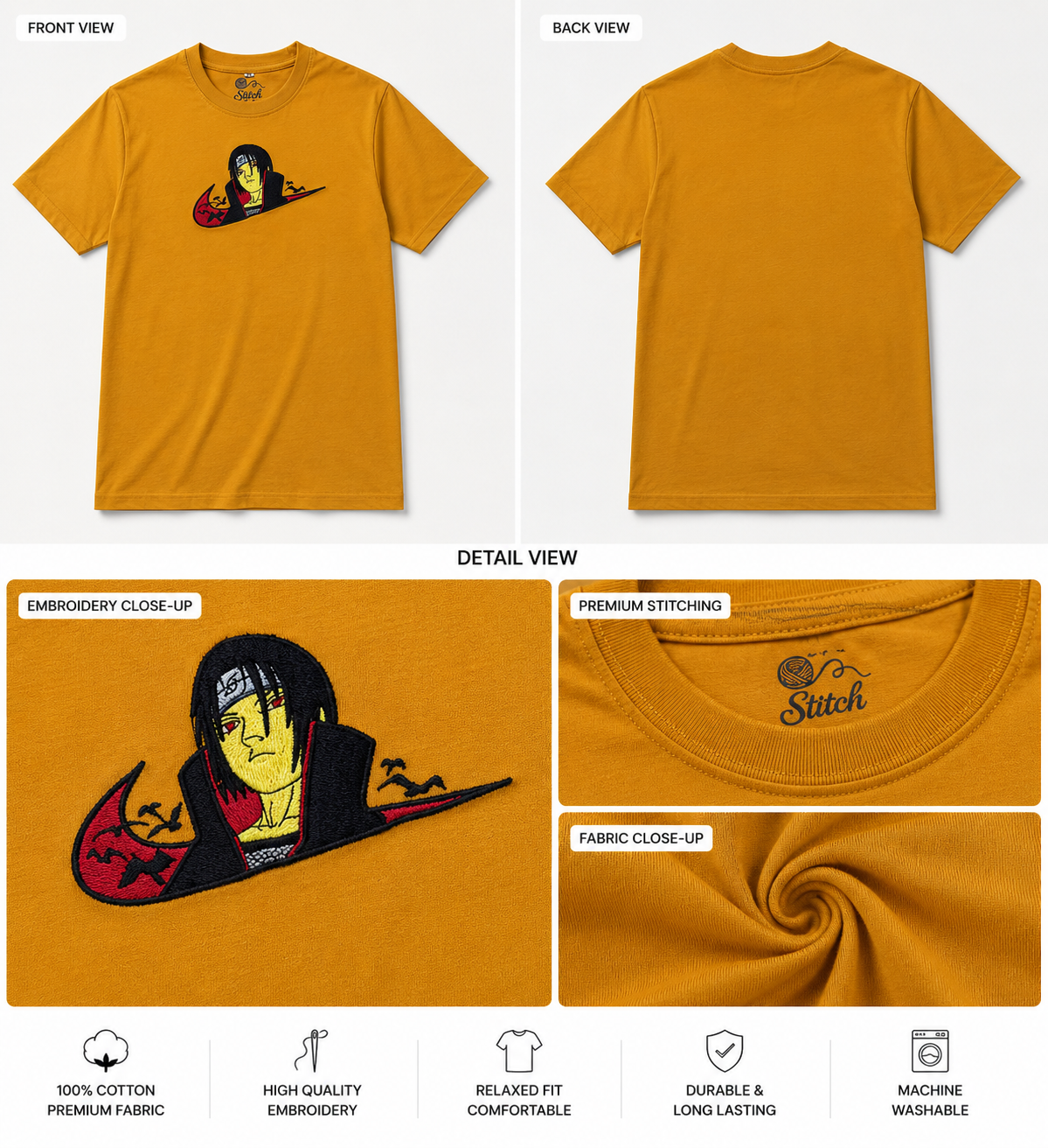 cotton t-shirt features a custom embroidered an anime with a stylized Nike Swoosh logo.