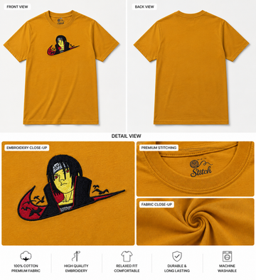 cotton t-shirt features a custom embroidered an anime with a stylized Nike Swoosh logo.