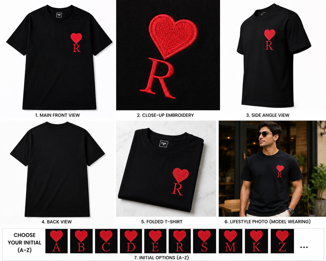 Personalized Embroidered Heart Initial T-Shirt – Premium Cotton Black Tee